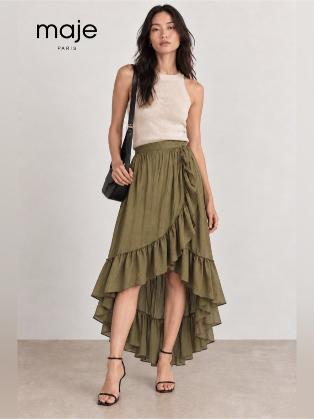 Maje Asymmetrical Tiered Ruffle Maxi Skirt – Size 34